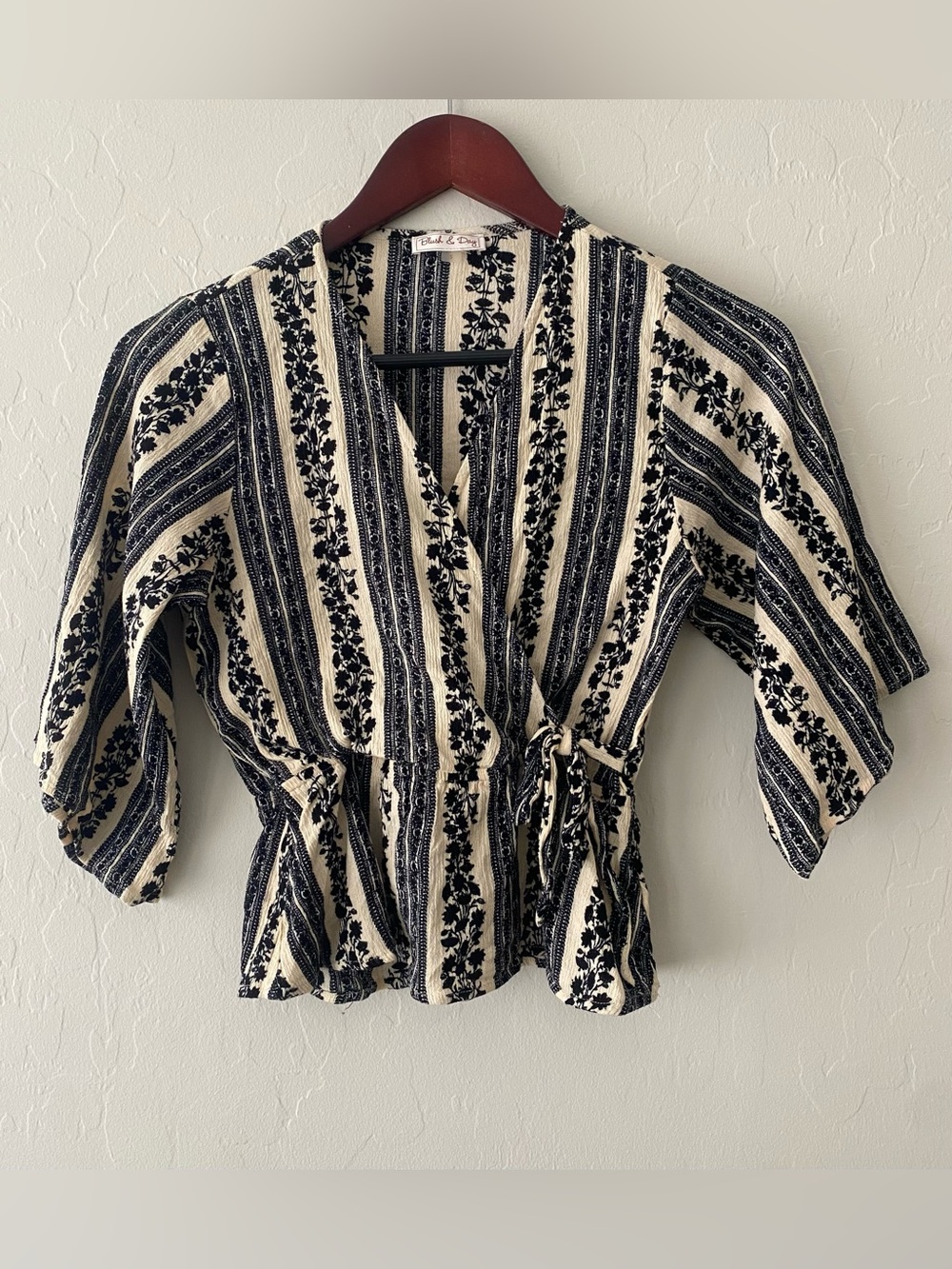 Blush & Day Striped Floral Wrap Blouse in Cream & Black Size S